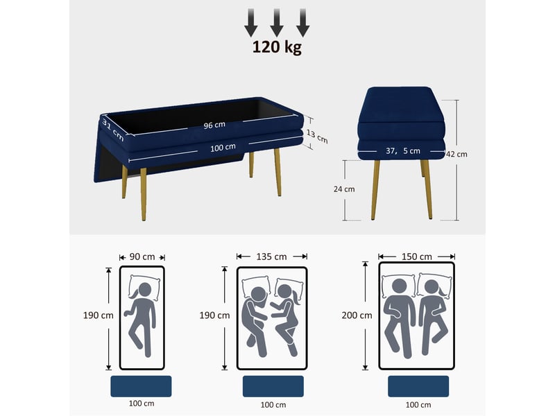  Banc banquette coffre de rangement 2 en 1 assise aspect velours et acier pieds - 100 x 37,5 x 42 cm bleu et doré  - Conforama C