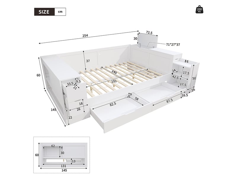 Lit coffre combiné 140x190 cm multifonctionnel tiroirs étagères rangement pour adolescent sans matelas blanc  - Conforama C