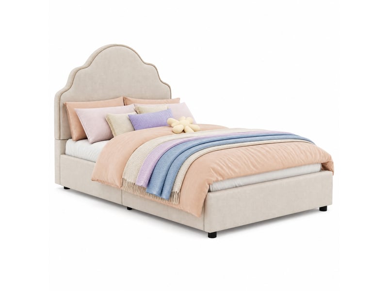  Lit enfant 90x200 cm en lin beige avec tête de lit rembourrée et sommier  - Conforama A