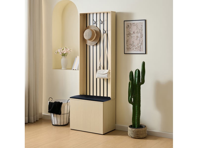  Meuble d'entrée avec 4 crochets, banc à coussin et rangement pour chaussures, en mdf effet bois, 61 × 35 × 179,5 cm  - Conforama C