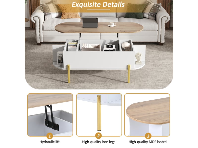  Table basse relevable avec 7 niches pour salon en mdf 120×50×43 cm blanc et bois naturel  - Conforama C
