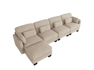 Canapé d’angle modulable 330 cm 4 places avec pouf, coussins d’accoudoir amovibles, coussins lombaires épais à soutien renforcé, chenille, marron clair