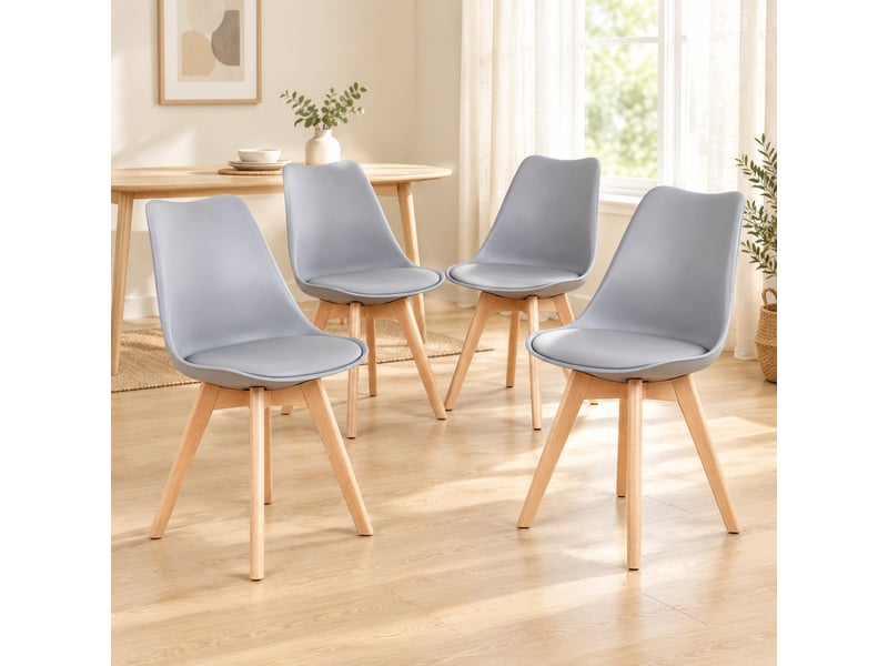  Lot de 4 chaises de salle à manger grises avec assise en cuir synthétique et pieds en bois  - Conforama D