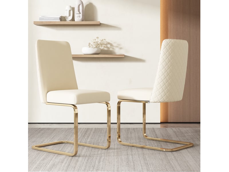  Lot de 6 chaises de salle à manger 42x52x88 cm, dossier à motif losanges, velours beige, pieds métalliques dorés  - Conforama E