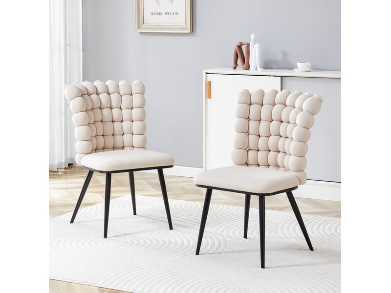  Lot de 2 chaises 54x48x88 cm, dossier perlé, style moderne confortable blanc cassé en velours, pieds métal noir  - Conforama D