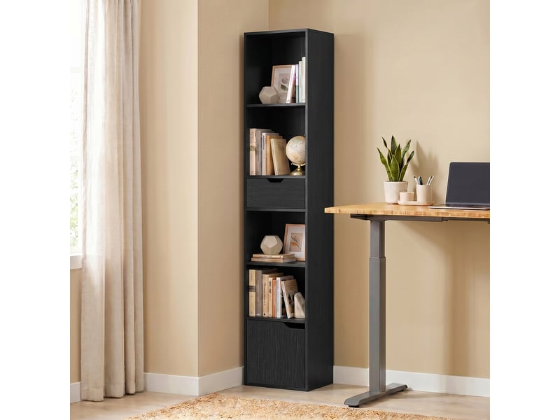  Bibliothèque à 6 étagères avec tiroir et étagère réglable, meuble de rangement autoportant, 30 x 24 x 158 cm, noir  - Conforama D