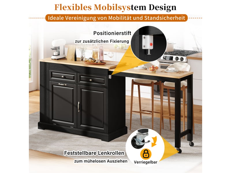  Îlot de cuisine sur roulettes avec plateau extensible noir et naturel  - Conforama E
