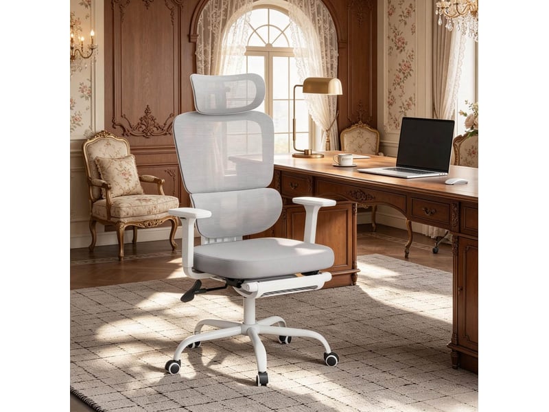 Chaise de bureau ergonomique grise avec repose-pieds réglable et appui-tête 3d  - Conforama D