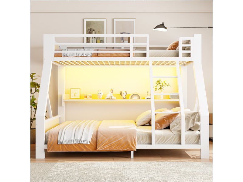 Lit superposé métal 90 x 200 140 x 200 cm, couchage simple et double, rangement et éclairage led, blanc evarich - Conforama E