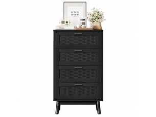 Commode en rotin à 4 tiroirs, meuble de rangement avec système anti-basculement, poignées et pieds, commode en bois pour chambre, bureau, 55x40x95 cm