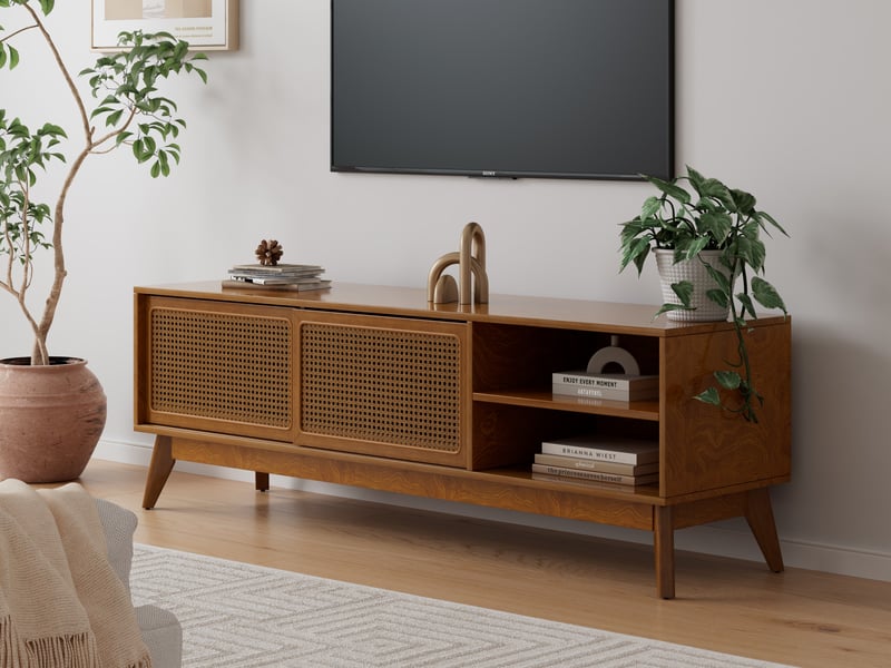  Meuble tv en rotin, 50×40×150 cm, avec pieds en bois massif et portes en rotin, finition noyer clair  - Conforama B