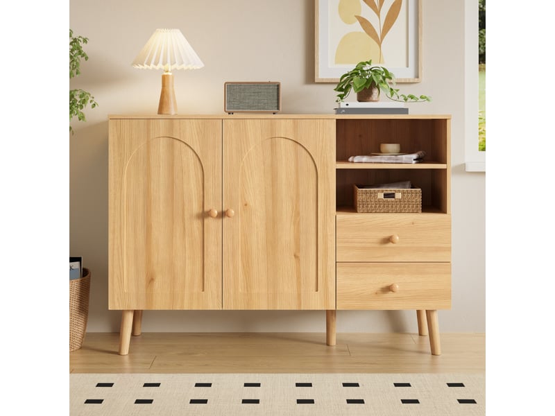  Meuble de rangement 118 x 35 x 82 cm, 2 portes, 2 tiroirs, niches ouvertes, mdf et pb, style naturel  - Conforama B