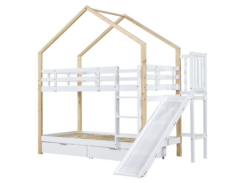  Lit superposé enfant cabane en bois blanc naturel 90x200cm avec toboggan, échelle inclinée, barrières de sécurité et tiroirs de rangement  - Conforama D