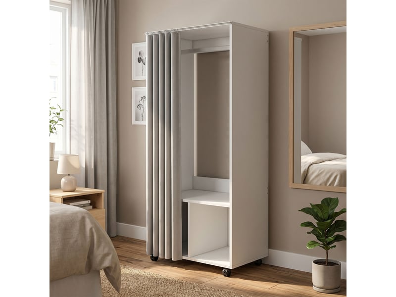  Armoire penderie armoire de rangement mobile avec rideau, 60 x 40 x 128 cm, tringle de suspension, blanc  - Conforama D
