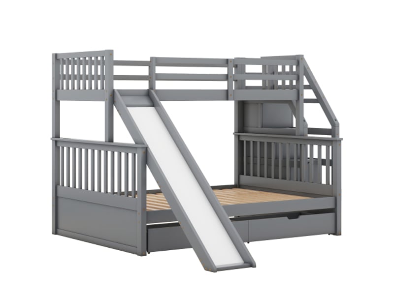  Lit superposé 90140x200 cm avec 2 tiroirs, niches de rangement et toboggan, pin et mdf, gris  - Conforama E
