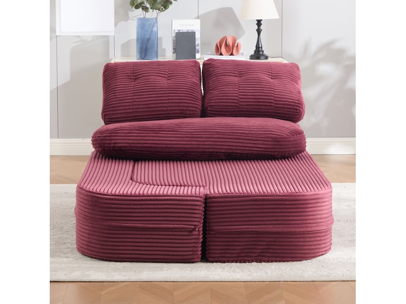  Fauteuil convertible 2 places avec accoudoirs amovibles, porte-gobelets et poches en velours côtelé rouge vin  - Conforama D