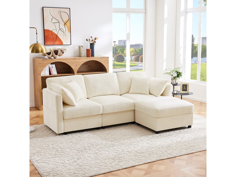  Canapé d'angle, canapé convertible, 3 places, en tissu chenille, beige, adapté à l'espace de vie, avec pouf  - Conforama C