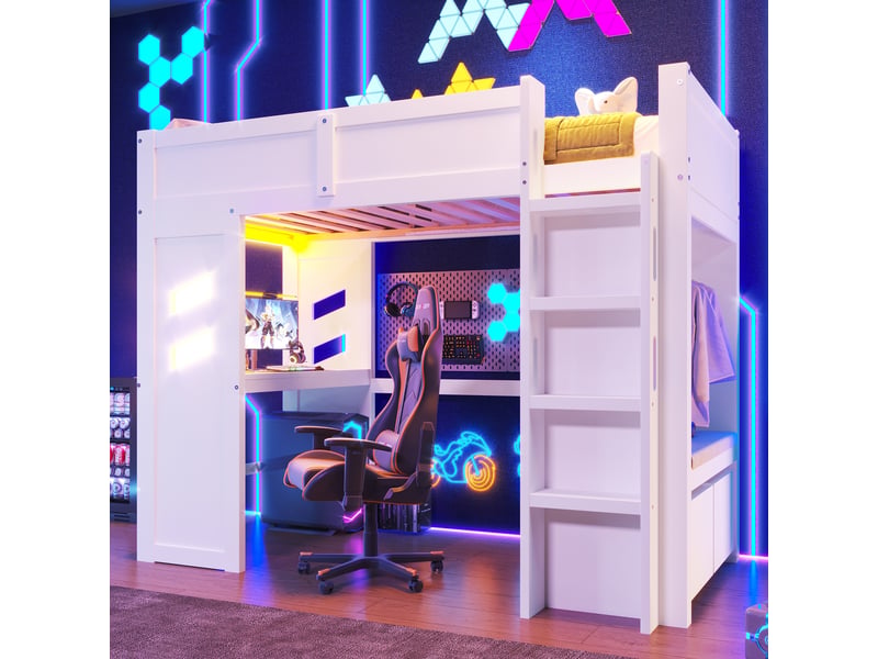  Lit mezzanine gaming 90x200cm avec bureau, led, usb et type-c, échelle, tiroir, sans matelas, blanc, structure pin  - Conforama D