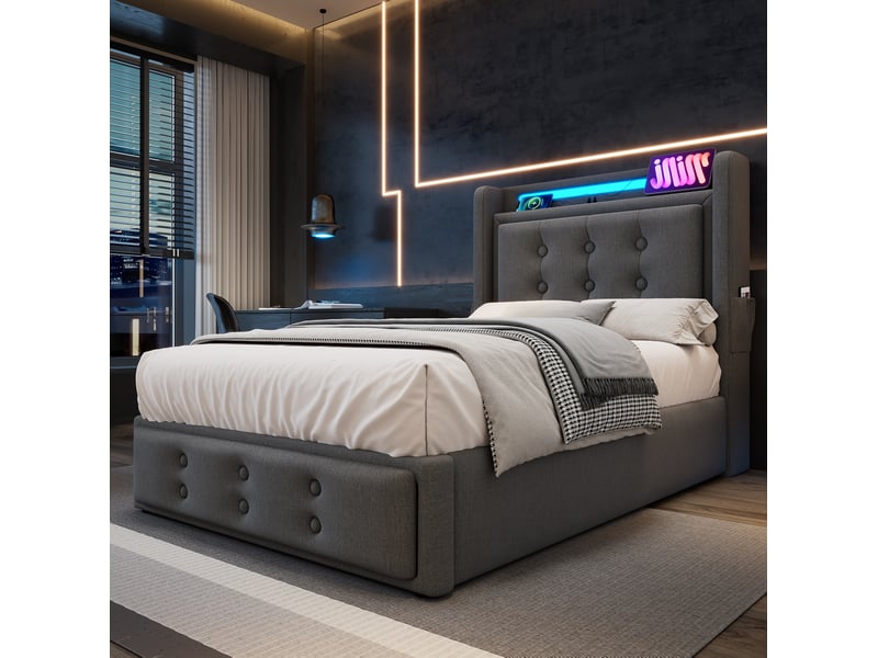  Modenvie lit coffre 90x200 cm - rangement intégré, led et ports usb-c - matelas et sommier inclus - gris  - Conforama D