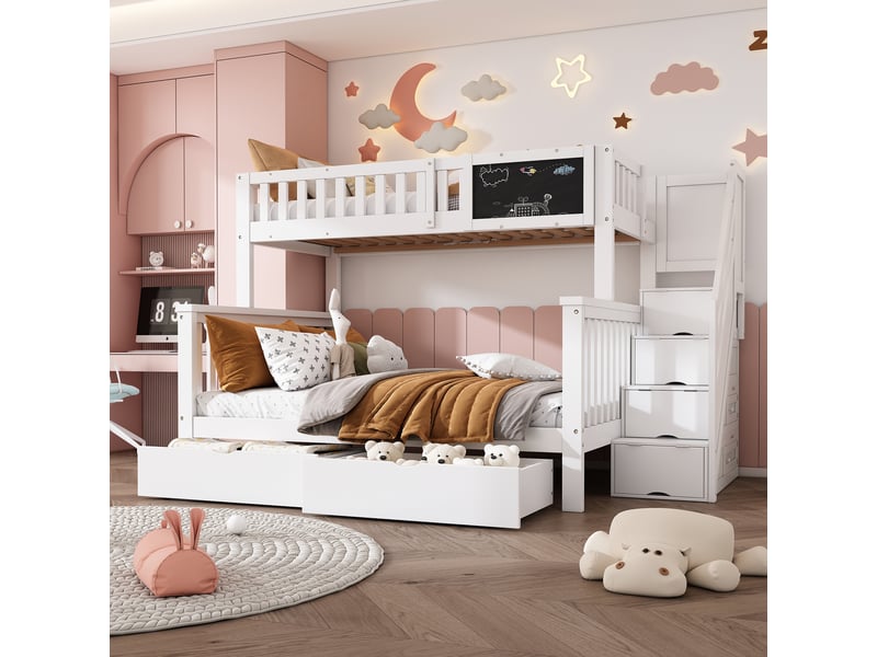  Lit superposé enfant double multifonction avec tableau et tiroirs bois massif blanc 90x200 et 140x200  - Conforama R