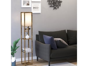 Lampe sur pied étagère en bois naturel 3 tablettes abat-jour acrylique interrupteur tirette e27