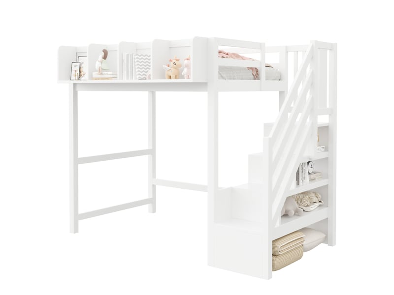  Lit mezzanine enfant 90x200 cm – blanc – led, rangements ouverts et échelle sécurisée - sans matelas  - Conforama A