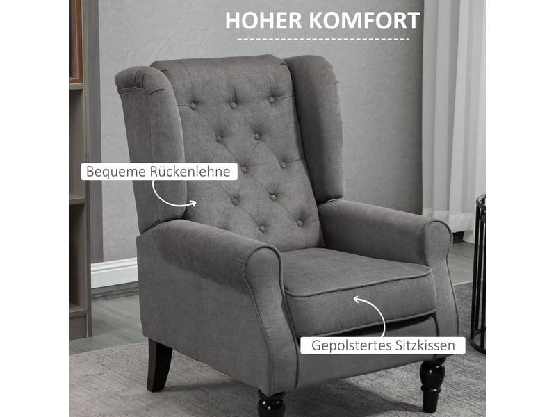  Fauteuil 74 x 86 x 102 cm fonction relax dossier oreilles capitonnage pieds en bois revêtement polyester gris foncé  - Conforama E