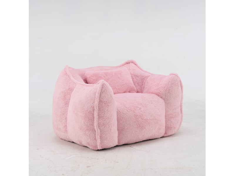 Fauteuil pouf avec dossier enveloppant et coussin, rembourrage en mousse, en fausse fourrure rose - Conforama A