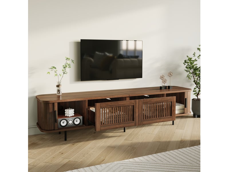 Meuble tv 2 tiroirs, 2 portes coulissantes, led réglable par application, mdf noyer pour salon 180 × 40 × 44,5 cm - Conforama D