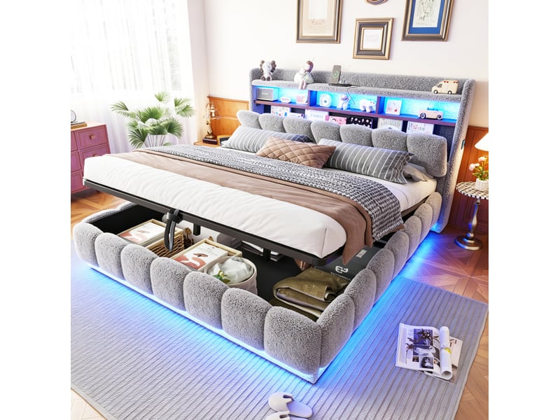  Lit coffre 180 × 200 cm 2 places avec led, usb et rangement hydraulique, sans matelas, en tissu gris  - Conforama B