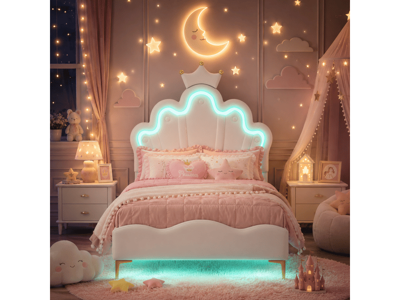  Lit fille 90x200cm avec sommier led réglables - lit simple enfant avec tête de lit réglable en hauteur - sommier à lattes - lit 90x200 cm - lumineuse led - lit fille avec tête de lit réglable - lit princesse en forme couronne - …  - Conforama B
