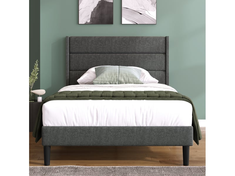  Lit simple 90x200 cm gris foncé en lin avec sommier à lattes et tête de lit  - Conforama E