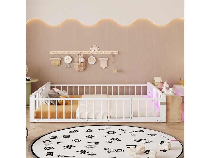  Lit 2 places enfant 140x200 cm en métal et mdf blanc avec rangement, led et barrière  - Conforama D