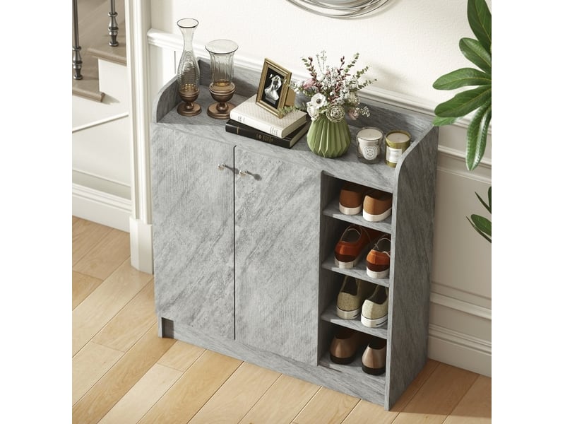 Meuble à chaussures de rangement avec 2 portes et 4 niches ouvertes, capacité 12 paires, pour entrée, gris 83 × 30 × 90 cm  - Conforama E