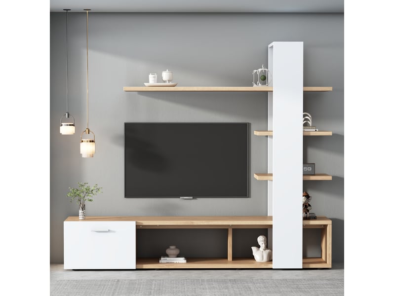  Ensemble meuble tv modenvie 180 x 33,5 x 151,5 cm blanc et bois pour téléviseur jusqu’à 60 pouces  - Conforama E