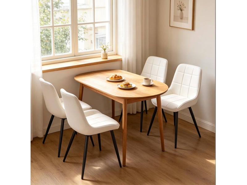  Lot de 4 chaises de salle à manger à dossier incurvé et assise rembourrée en velours blanc et métal noir  - Conforama D
