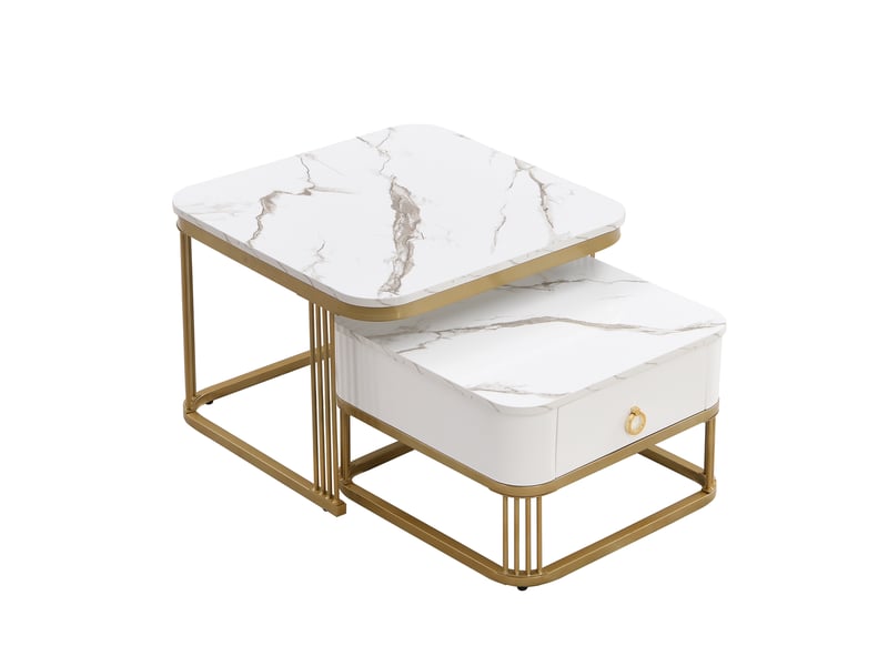  Lot de 2 tables basses gigognes avec tiroir, effet marbre brillant, blanc et doré  - Conforama A