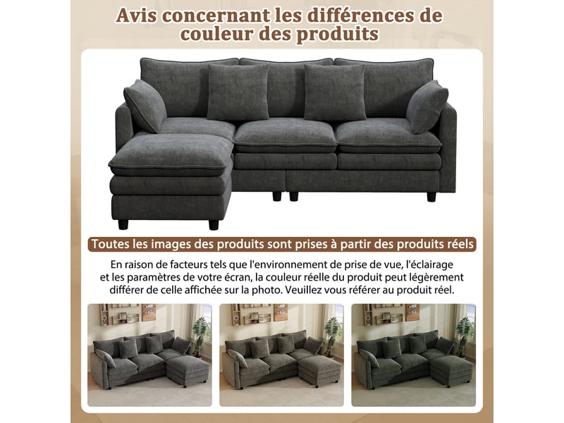  Canapé d'angle en l gris 3 places avec méridienne mobile 212 x 150 x 90 cm confort chenille  - Conforama E
