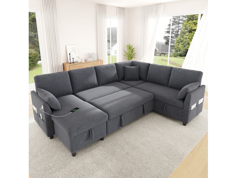  Canapé d'angle convertible tcqpz 6 places 255 x 196 x 85 cm rangement usb type-c gris  - Conforama B
