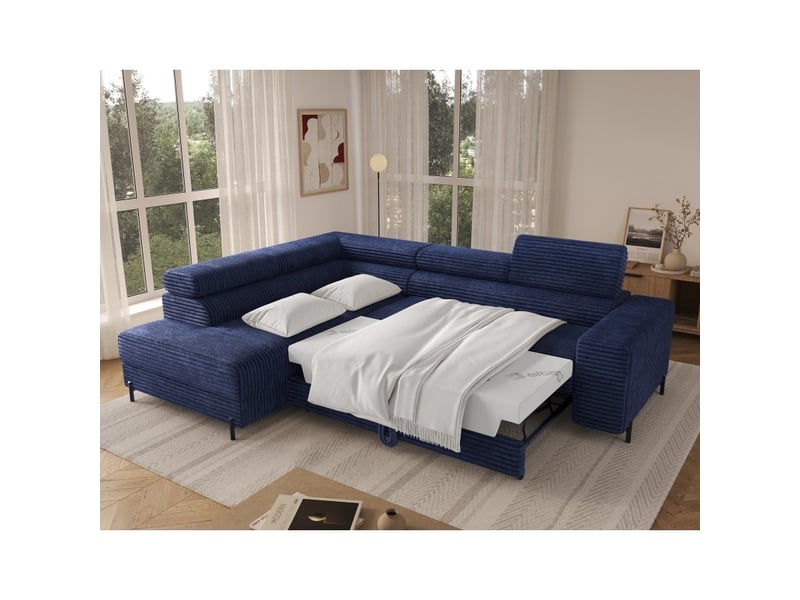  Canapé d'angle colesia convertible 5 places bleu foncé velours côtelé – gauche – 274x200cm  - Conforama C