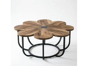 Table basse ronde en forme de fleur 100 cm, bois et métal noir et marron, pieds réglables pour le salon