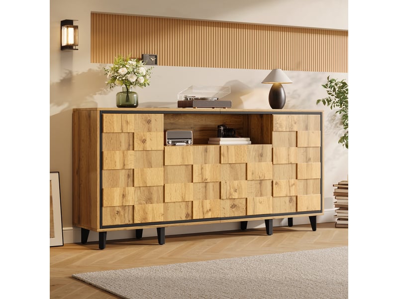  Buffet à 4 portes avec façade 3d structurée et niche ouverte, meuble de rangement sans poignées pour salon, salle à manger ou entrée, bois et noir Seren Glow - Conforama E