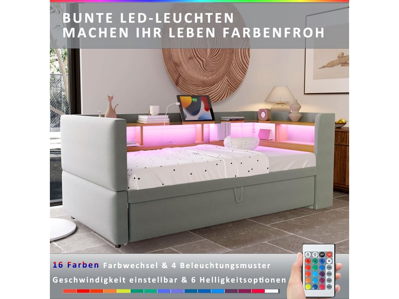  Lit gigogne enfant 90x190 cm avec led, prises, rangement, sommier et canapé-lit, flanelle, gris clair, sans matelas  - Conforama E