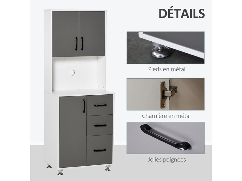  Buffet haut cuisine, armoire de cuisine, vaisselier avec 3 portes, 3 tiroirs et plan de travail, meuble de rangement pour salon, salle à manger, style moderne, gris, 60 x 40 x 160 cm  - Conforama A