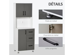 Buffet haut cuisine, armoire de cuisine, vaisselier avec 3 portes, 3 tiroirs et plan de travail, meuble de rangement pour salon, salle à manger, style moderne, gris, 60 x 40 x 160 cm
