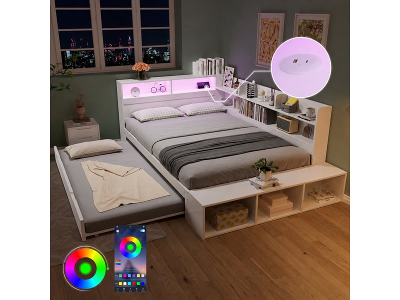 Lit fonctionnel 120x200 cm, lit gigogne 90x190 cm, rangement semi-périphérique, éclairage led, bois blanc, sans matelas - Conforama E