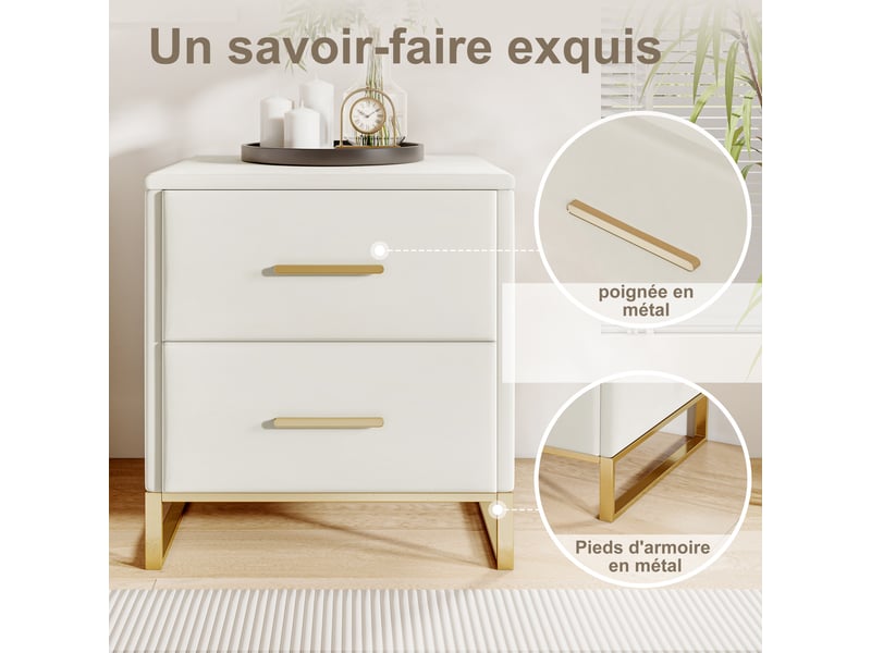  Lot de 2 table de chevet avec 2 tiroirs,table d’appoint de chevet,pieds dorés, blanc,40x40x50 cm  - Conforama C