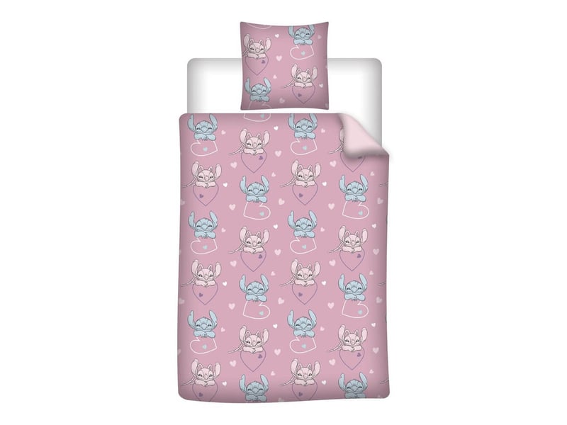  Housse de couette disney stitch &amp; angel – cœurs – réversible – 140x200 cm + 65x65 cm – rose  - Conforama C
