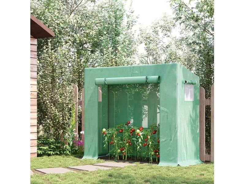  Serre de jardin verte en pe avec cadre acier, porte enroulable et fenêtres latérales, 200 x 76 x 168 cm  - Conforama B