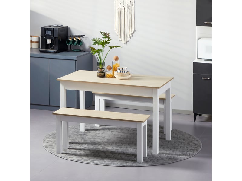  Ensemble table à manger 3 pièces avec 2 bancs encastrables pour 4-6 personnes style contemporain panneaux de particules  - Conforama D